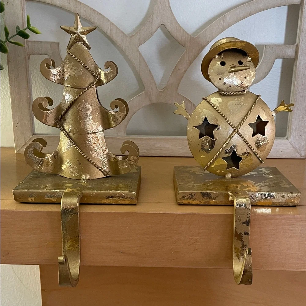 Pier 1 Gold Christmas Tree and Snowman Stocking Holders